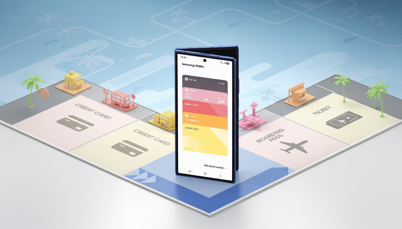 A Samsung Galaxy Z Fold phone displaying the Samsung Wallet app, standing upright on a stylized board game-like surface with travel-related icons such as Credit Card, Boarding Pass, and Ticket. The background has been updated to a professional flat design with soft patterns and gradients, while preserving the original product and its context.