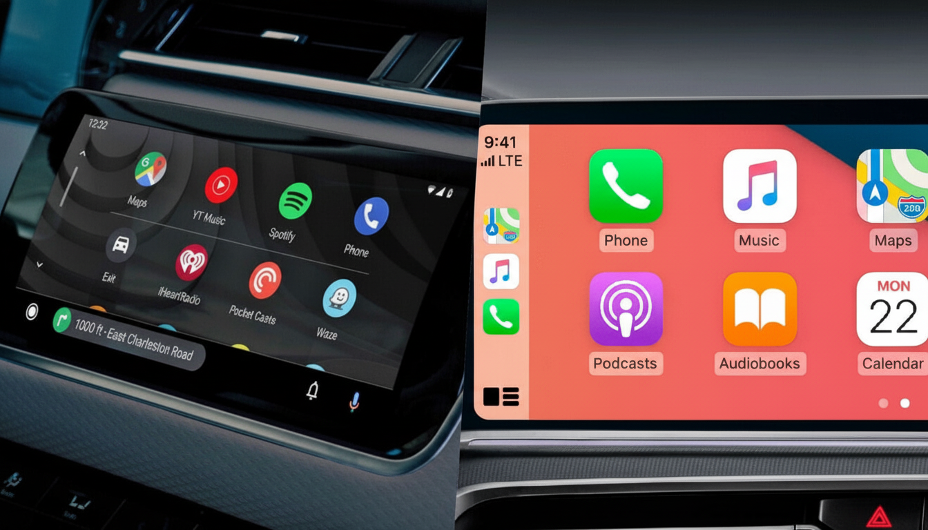 A split image showing a cars infotainment system. On the left, a screen displays Android Auto with various app icons like Maps, YouTube Music, Spotify, and Phone. On the right, an Apple CarPlay interface shows app icons including Phone, Music, Maps, and Calendar.