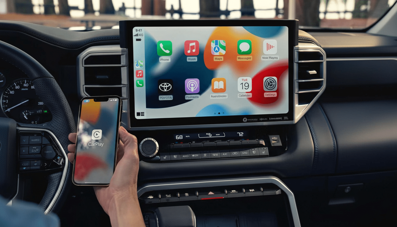 A hand holding an iPhone displaying the CarPlay logo, positioned in front of a cars infotainment screen showing various app icons.