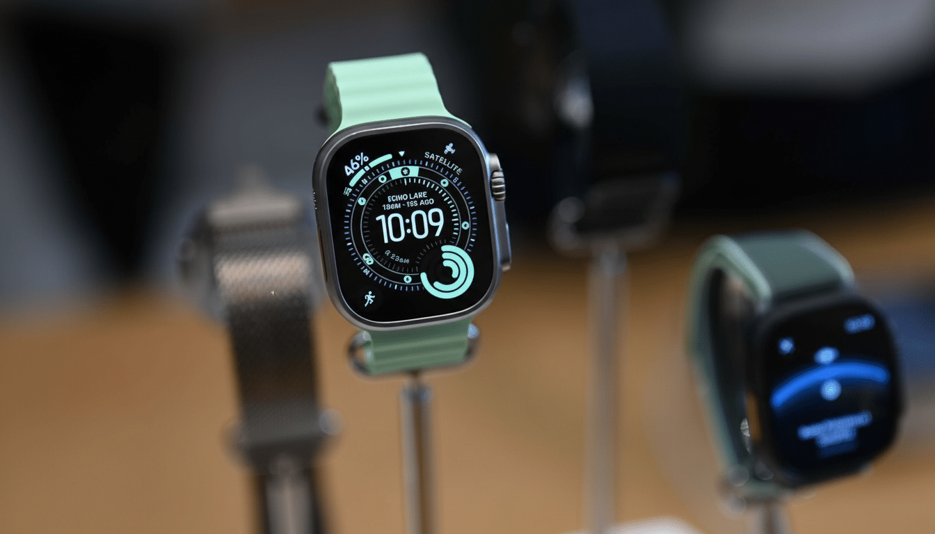 A close-up shot of an Apple Watch Ultra with a light green band, displaying a watch face with time, date, and activity rings, on a stand in a store.