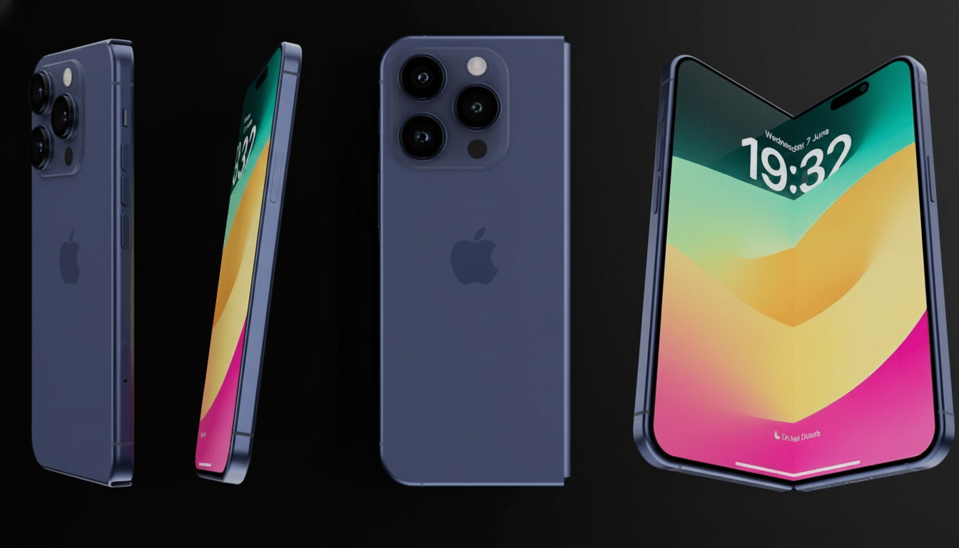 A 16:9 aspect ratio image showcasing a blue foldable iPhone from various angles against a dark background.