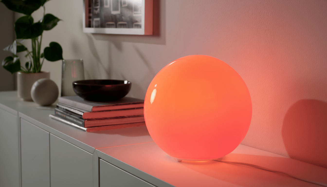 A glowing orange spherical lamp on a white cabinet, with a plant and decorative items in the background.