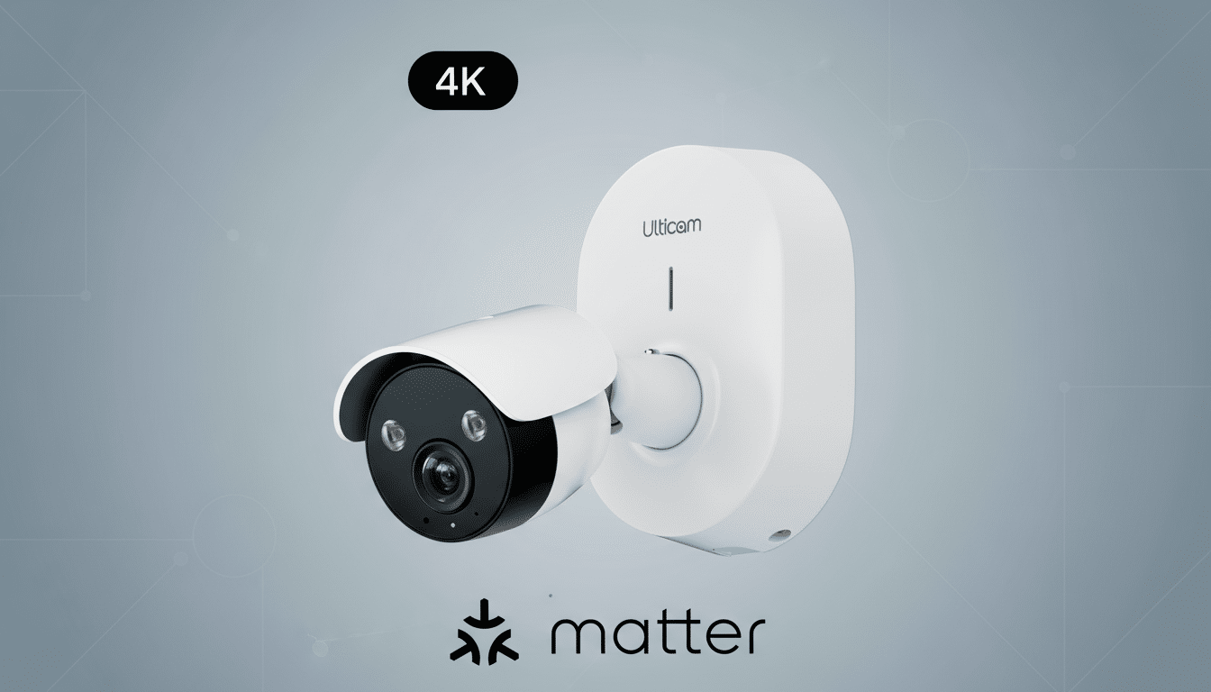 A white Ulticam 4K security camera with a black lens, mounted on a white oval base, set against a professional light gray background with subtle geometric patterns. The 4K logo is in the top left, and the matter logo is at the bottom.