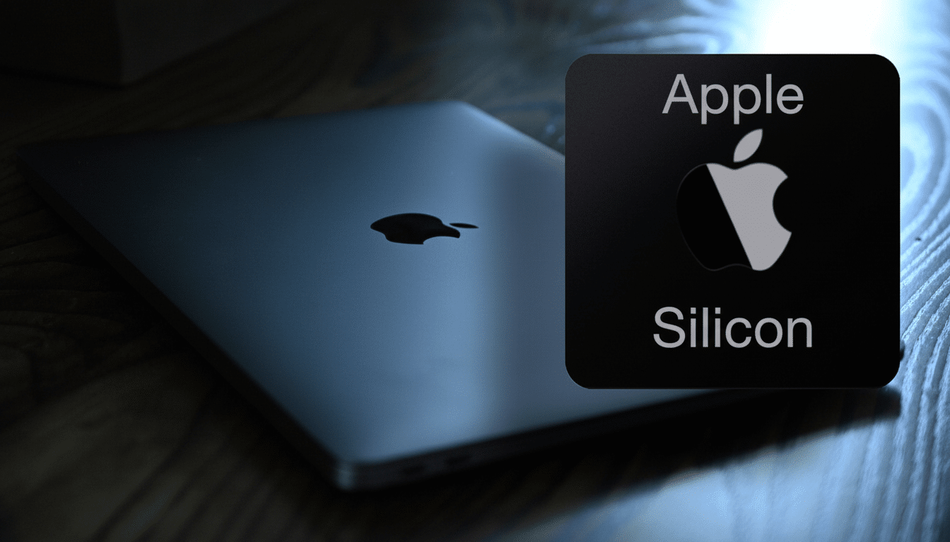 A dark grey MacBook laptop with the Apple logo on its lid, next to a black square graphic with Apple Silicon text and a cutout Apple logo.