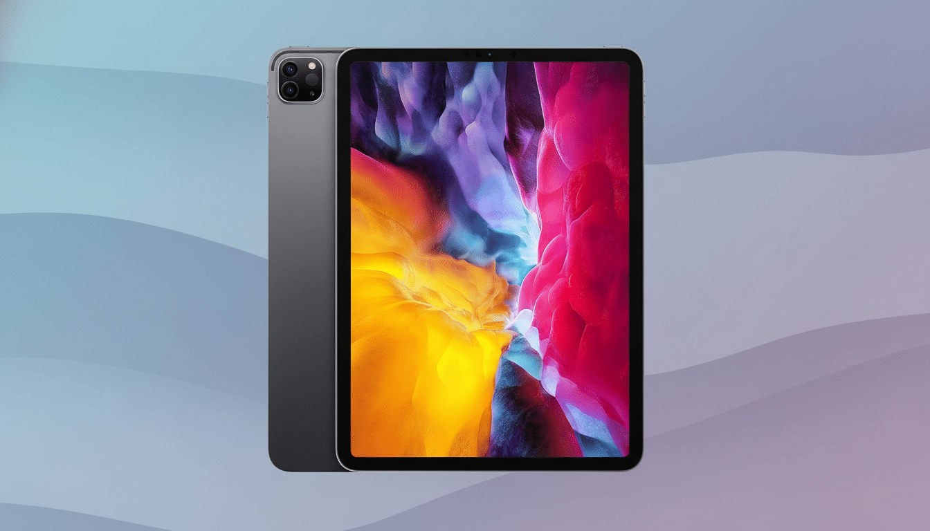 A gray iPad Pro with a colorful abstract wallpaper on its screen, presented on a professional flat design background with soft blue and purple wave patterns.