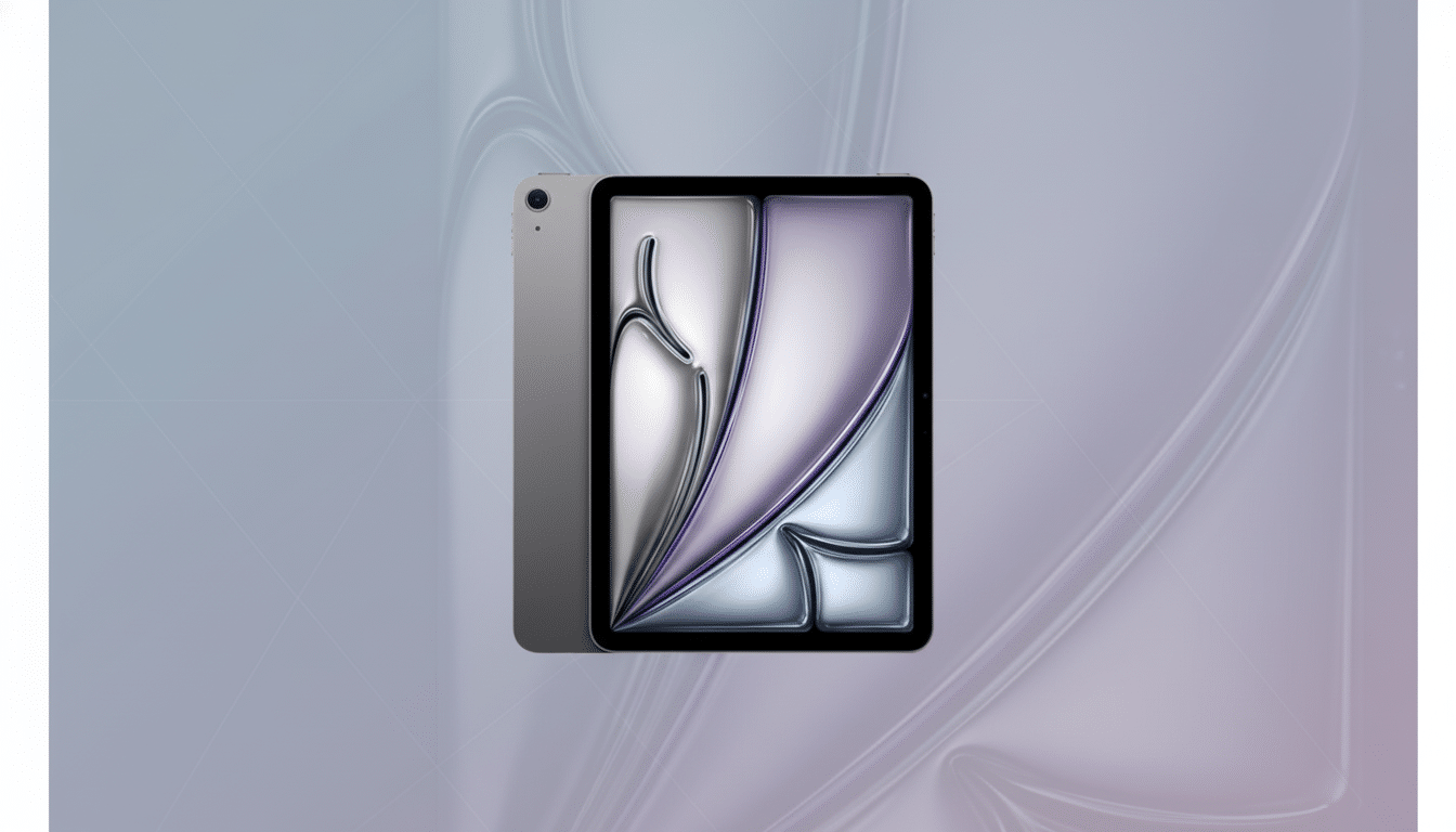 A gray tablet with a screen displaying abstract silver and purple shapes, set against a professional flat design background with soft patterns and gradients.