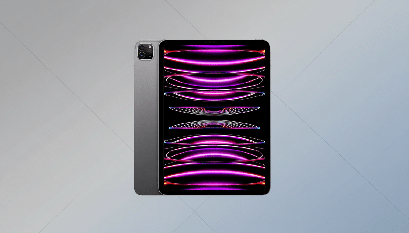 A silver iPad Pro with a black screen displaying vibrant purple and orange abstract lines, set against a professional light gray background with subtle geometric patterns.