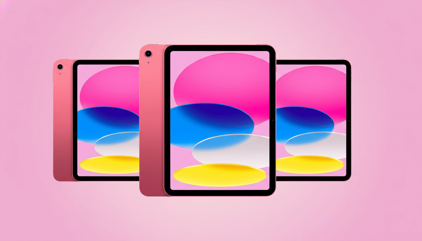 A professional image of three pink iPads, each displaying a colorful abstract wallpaper, set against a soft pink gradient background.