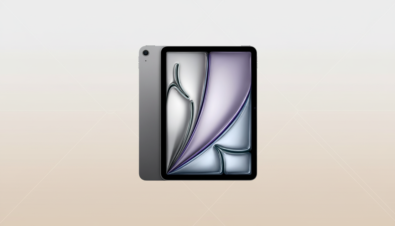 A gray iPad with a screen displaying a purple and silver abstract design, set against a soft, light brown background with subtle geometric patterns.