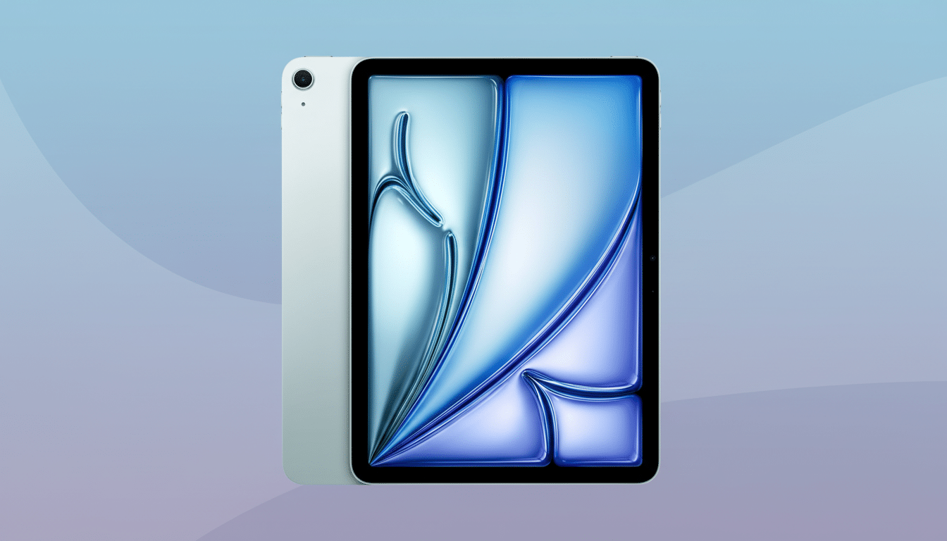 A light green tablet with a dark screen displaying a blue and purple abstract design, presented on a professional flat background with soft blue and purple gradients and subtle wave patterns.