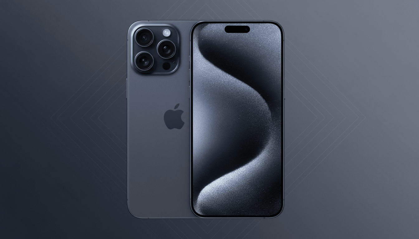 A professional image of a dark blue iPhone 15 Pro Max, showing both the front and back, set against a subtle dark gray background with a faint geometric pattern.