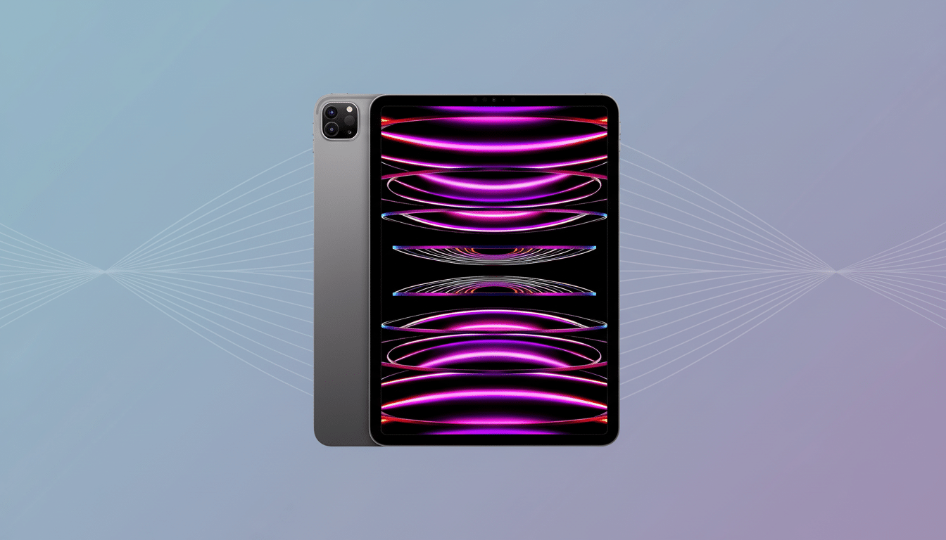 A gray iPad Pro with a black screen displaying vibrant purple and orange abstract lines, set against a professional flat design background with soft blue and purple gradients and subtle wave patterns.