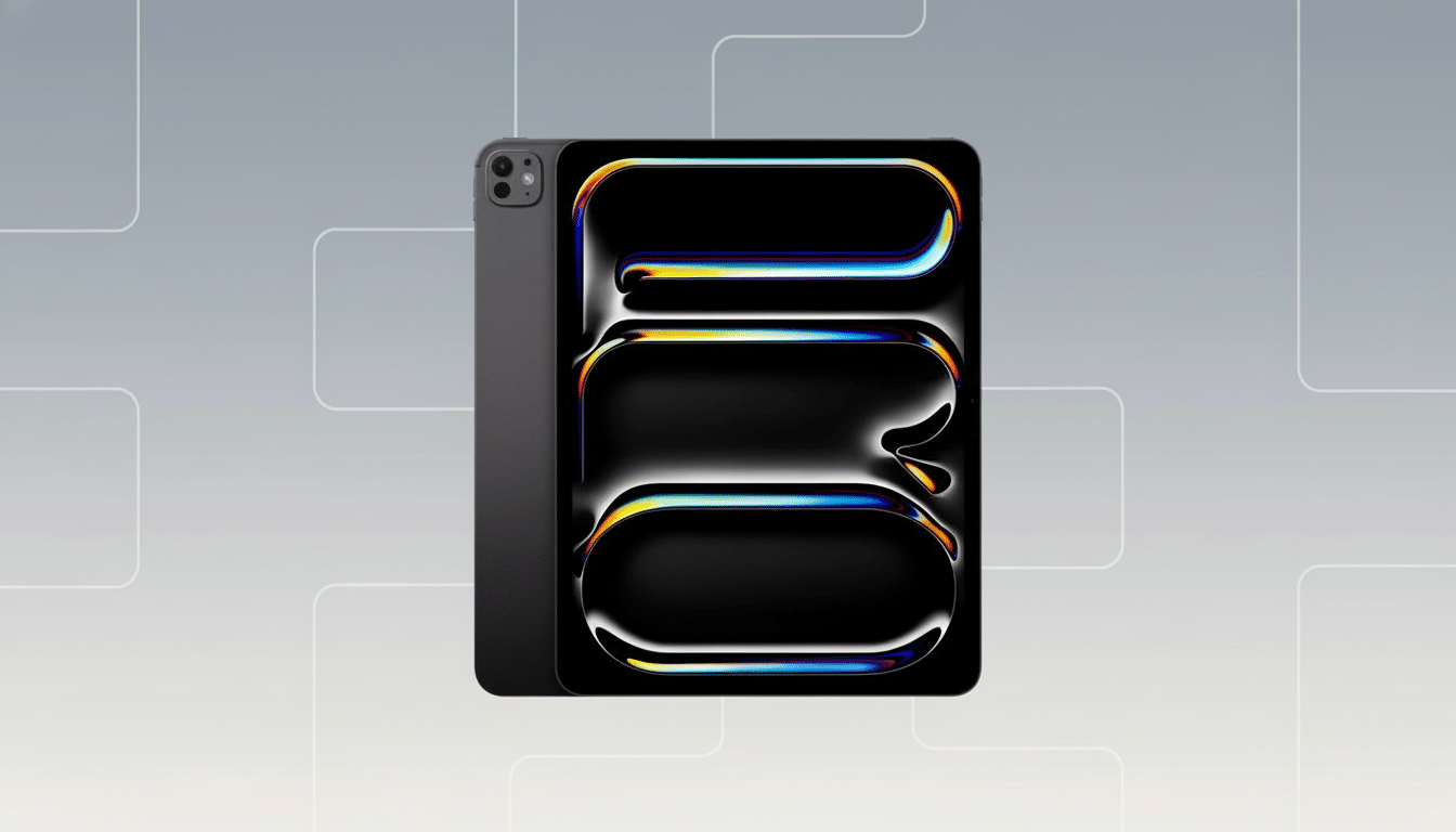 A dark gray iPad Pro with a black screen displaying a colorful, abstract 130 design, set against a professional gray background with subtle geometric patterns.