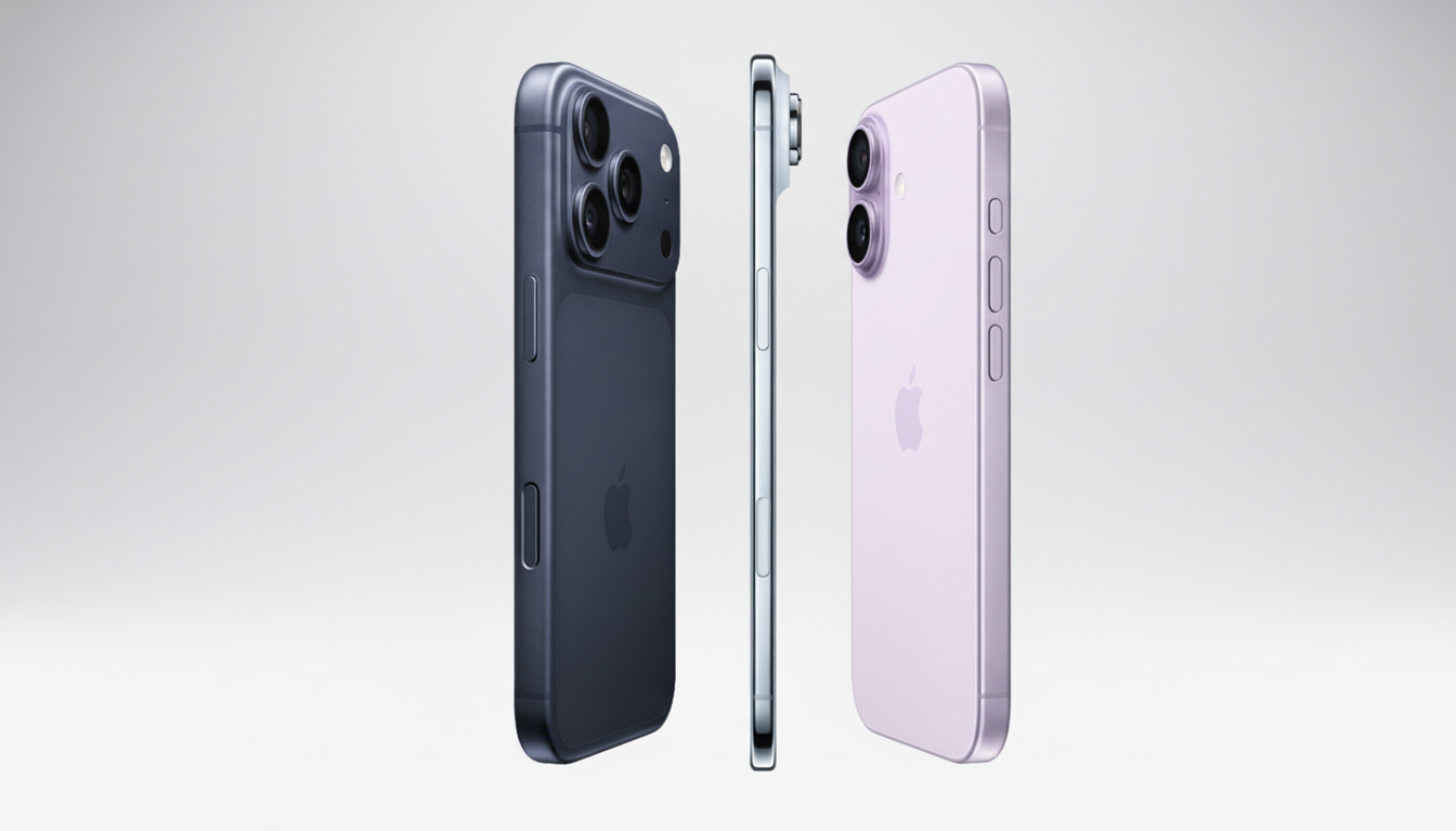 Two iPhones, one dark blue and one light purple, are displayed against a clean, professional light gray background. The dark blue iPhone is seen from a slight angle, showcasing its camera array and side buttons. The light purple iPhone is also angled, revealing its back and side profile. A third, dark blue iPhone is positioned between them, showing its thin side profile.