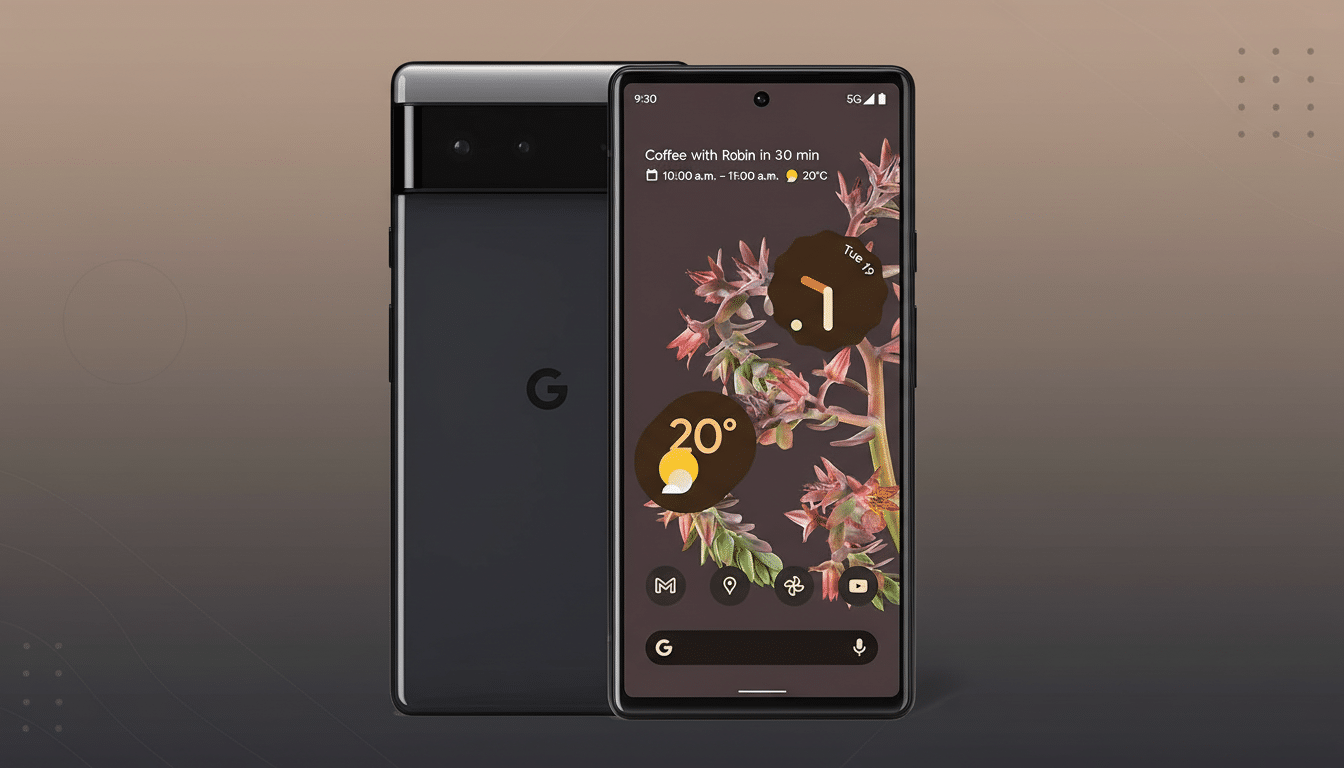A black Google Pixel 6 smartphone is displayed at a 16:9 aspect ratio, with its front screen showing a floral wallpaper and widgets, and its back visible behind it. The background is a professional flat design with a soft gradient.