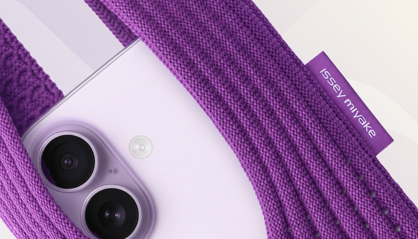 A close-up shot of a light purple smartphone with two camera lenses, partially wrapped in a vibrant purple woven strap that features an ISSEY MIYAKE tag. The background is a soft gradient with subtle patterns.