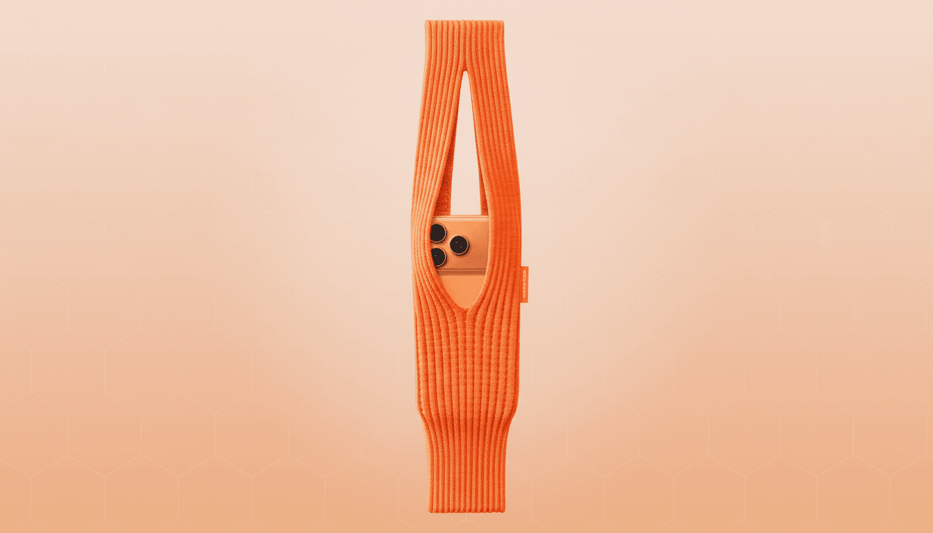 An orange smartphone partially enclosed in a ribbed orange knit sleeve, presented on a soft orange background with a subtle hexagonal pattern.