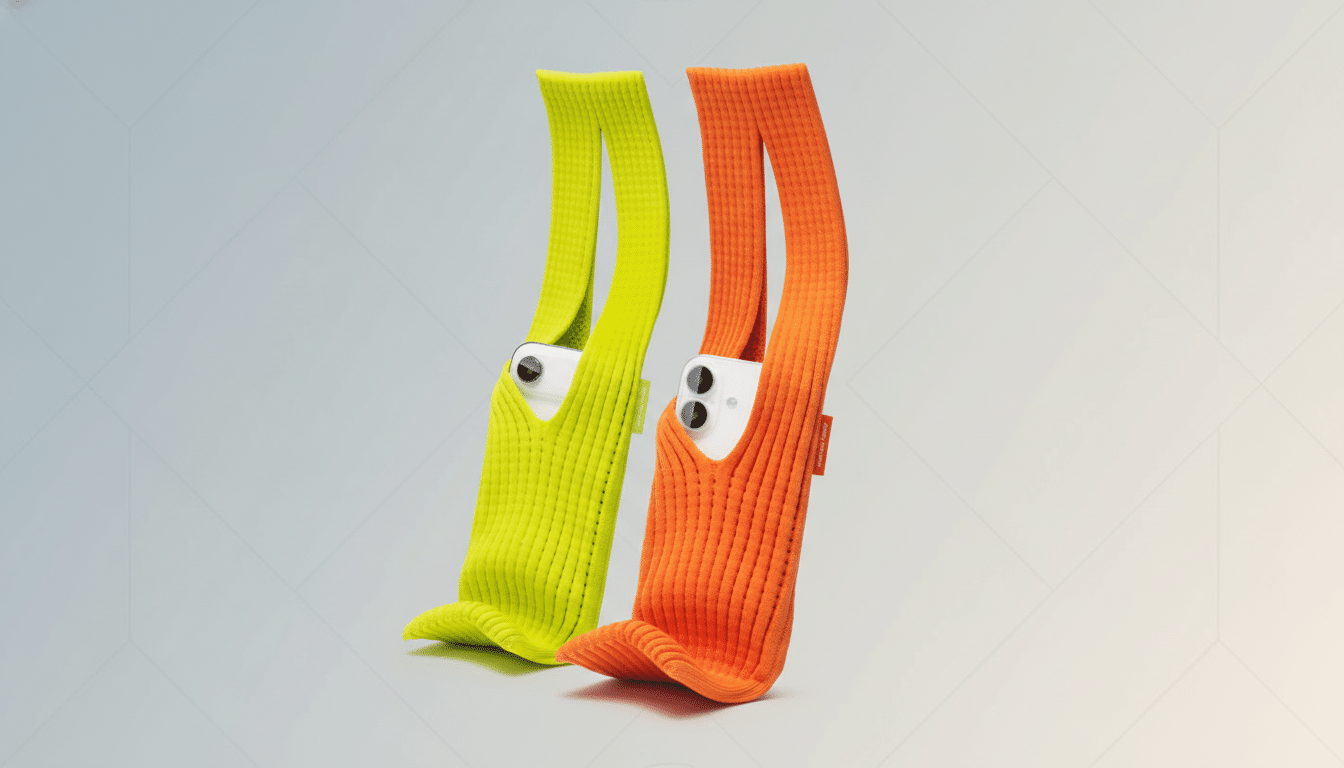 Two smartphones, one in a neon green knitted case and the other in an orange knitted case, are displayed upright against a professional flat design background with soft geometric patterns and a subtle gradient.