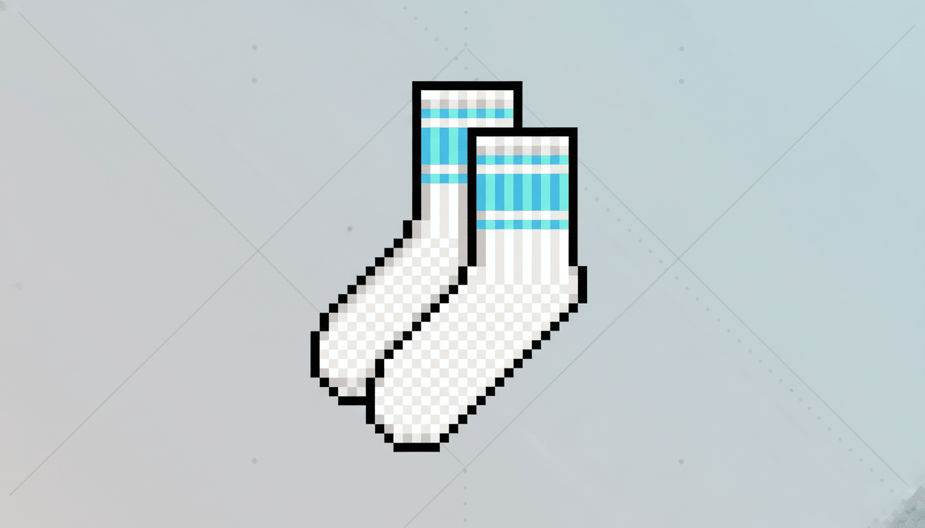 A pair of pixelated white socks with blue and grey stripes at the top, presented on a professional light grey background with subtle geometric patterns.