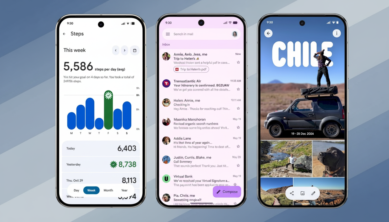 Three smartphones displaying different app interfaces. The left phone shows a fitness tracking app with step count and a bar graph. The middle phone displays an email inbox. The right phone shows a travel app with a large CHILE title, an image of a person on top of a car, and other travel photos.
