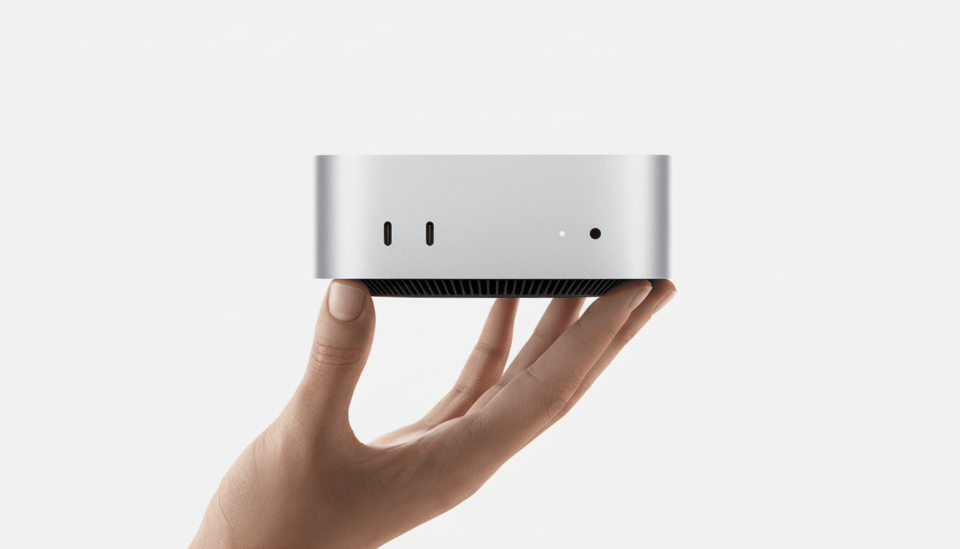 A hand holding a silver Mac Studio computer, resized to a 16:9 aspect ratio with the original background maintained.