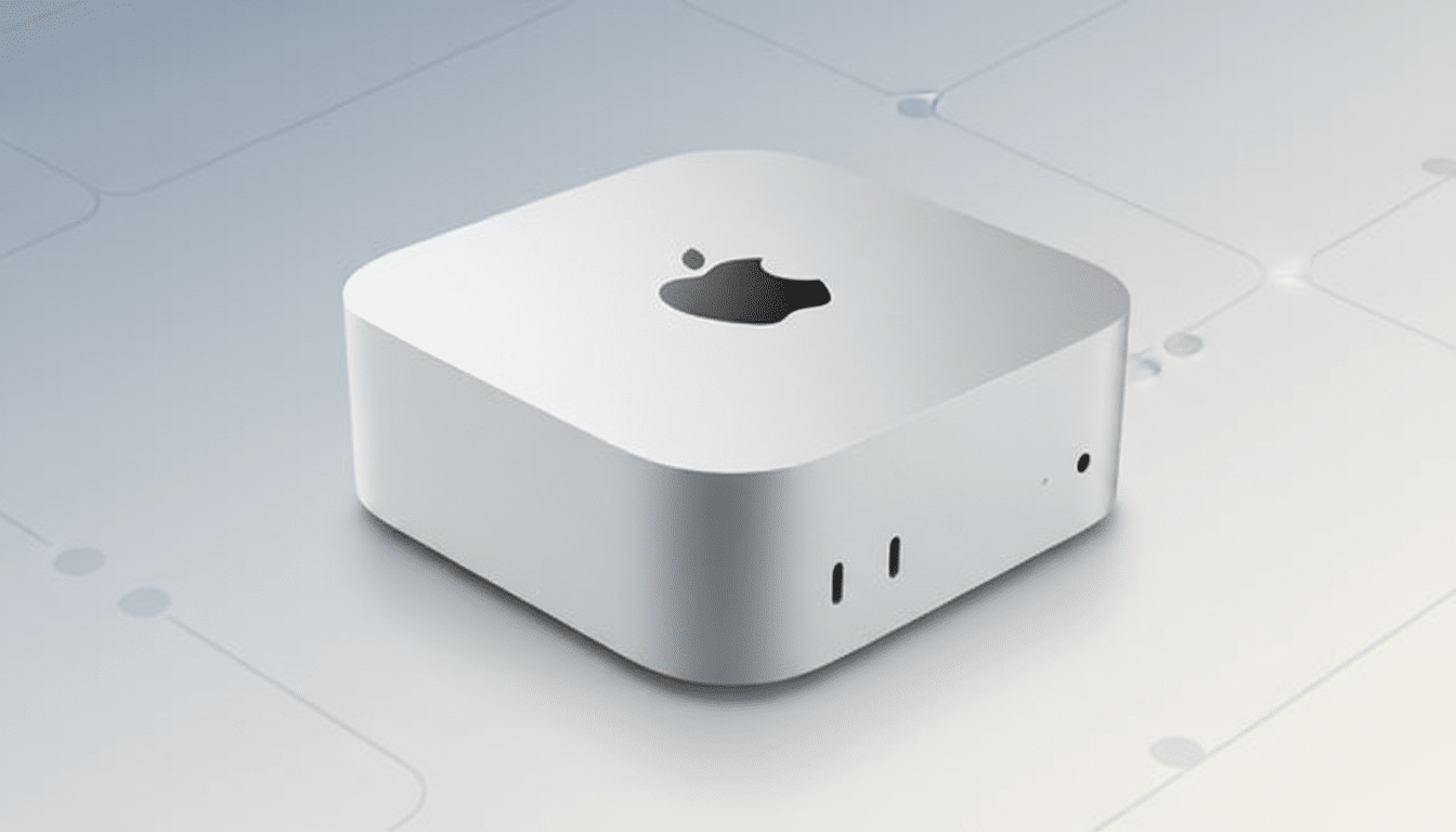 A silver Mac Mini computer on a professional flat design background with soft patterns.