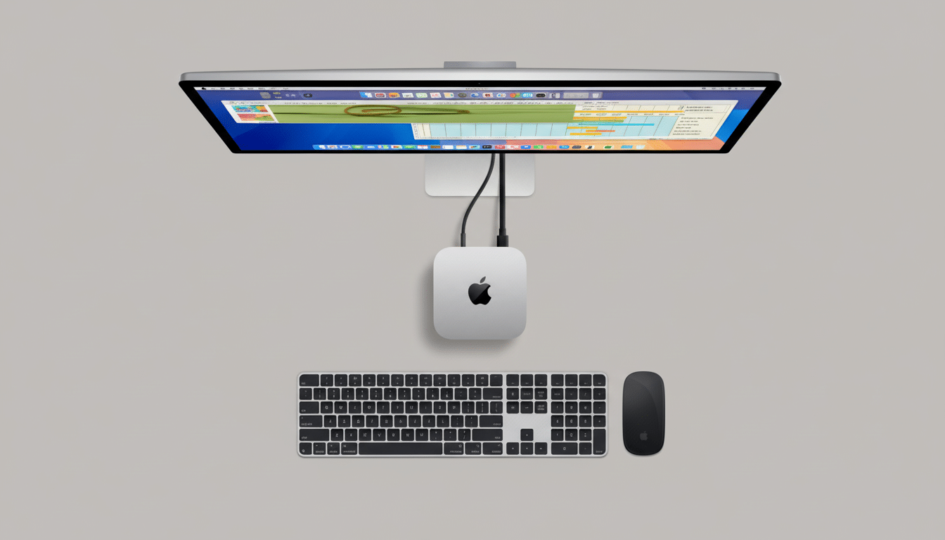 An overhead shot of a Mac Mini setup, featuring a silver Mac Mini connected to a monitor displaying a colorful interface, a black Magic Keyboard, and a black Magic Mouse, all against a neutral gray background.