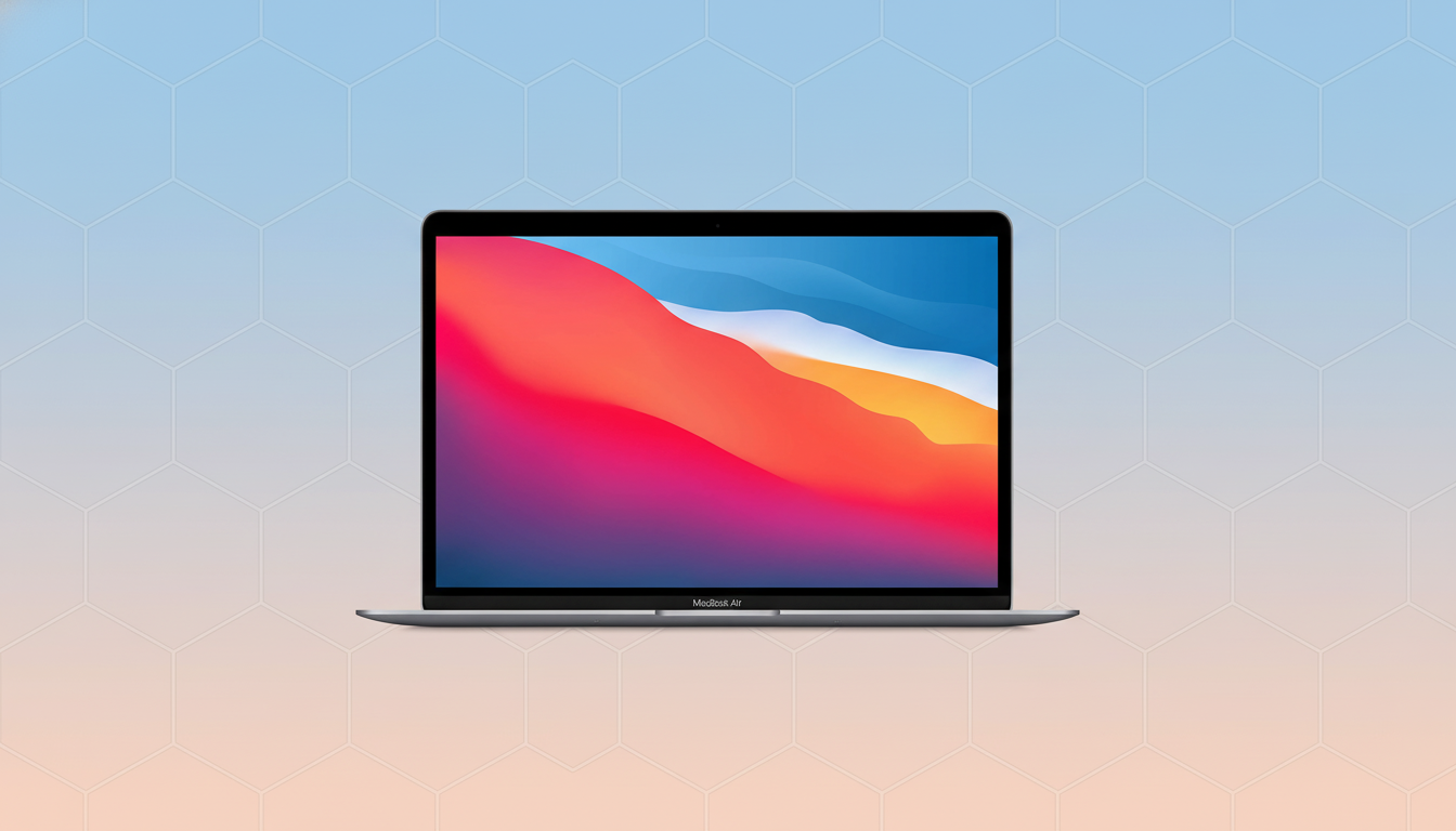 A silver MacBook Air laptop with a colorful screen displaying a red, orange, and blue abstract wallpaper, set against a professional flat design background with soft hexagonal patterns and a gradient from light blue to light orange.