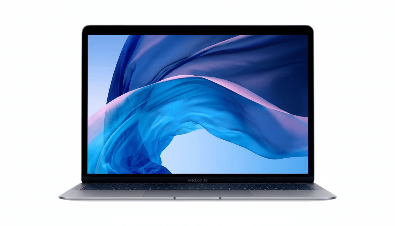 A silver MacBook Air laptop with a vibrant blue and purple abstract wallpaper displayed on its screen, set against a clean white background.