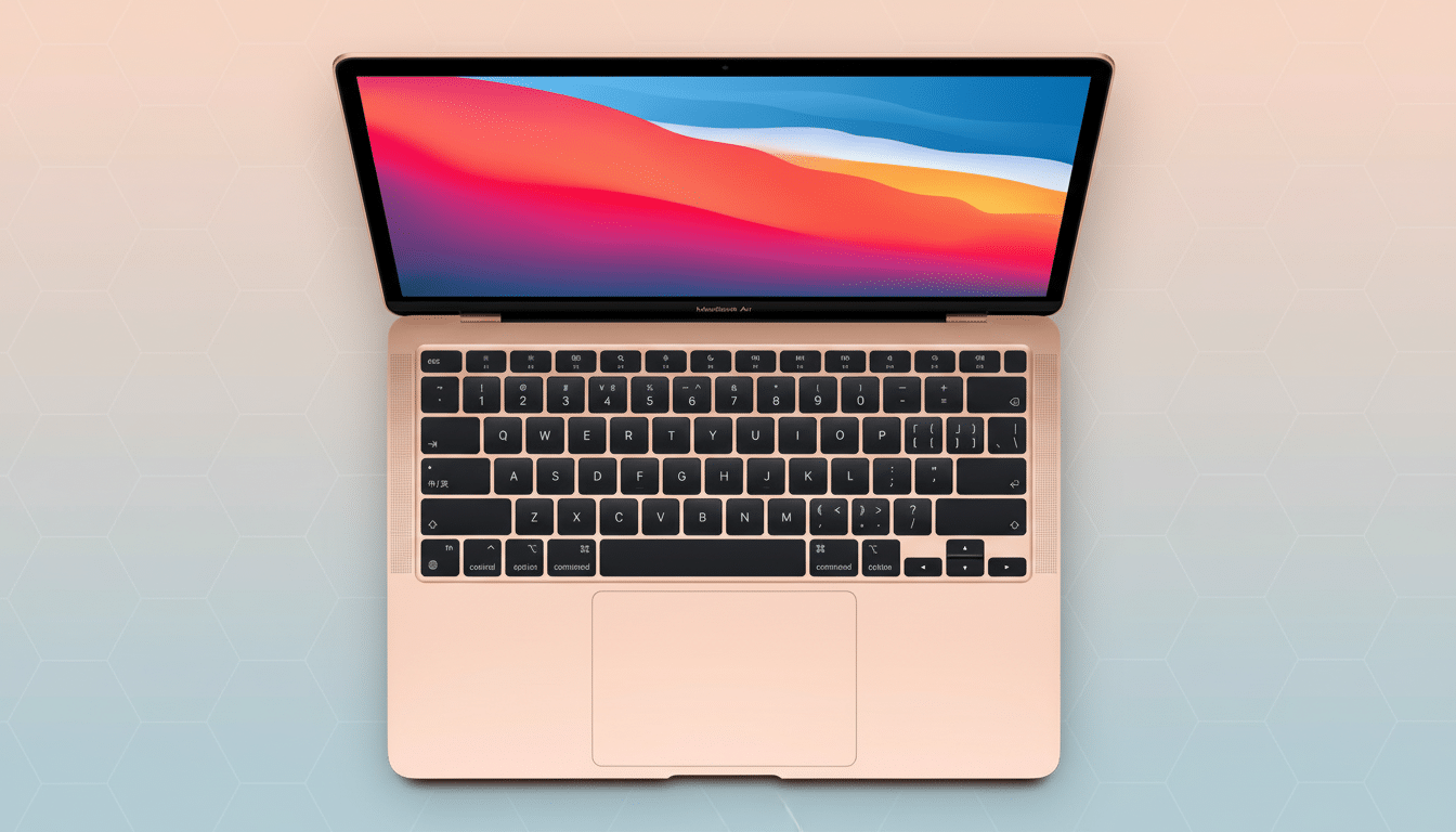 A gold MacBook Air laptop with its screen open, displaying a colorful abstract wallpaper, set against a professional flat design background with soft hexagonal patterns and a gradient from light blue to light pink.