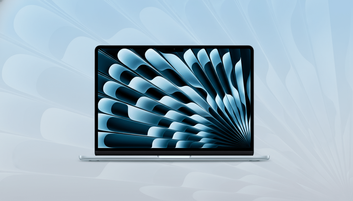 A silver laptop with a screen displaying a blue and black abstract design, set against a light blue background with subtle, soft patterns.