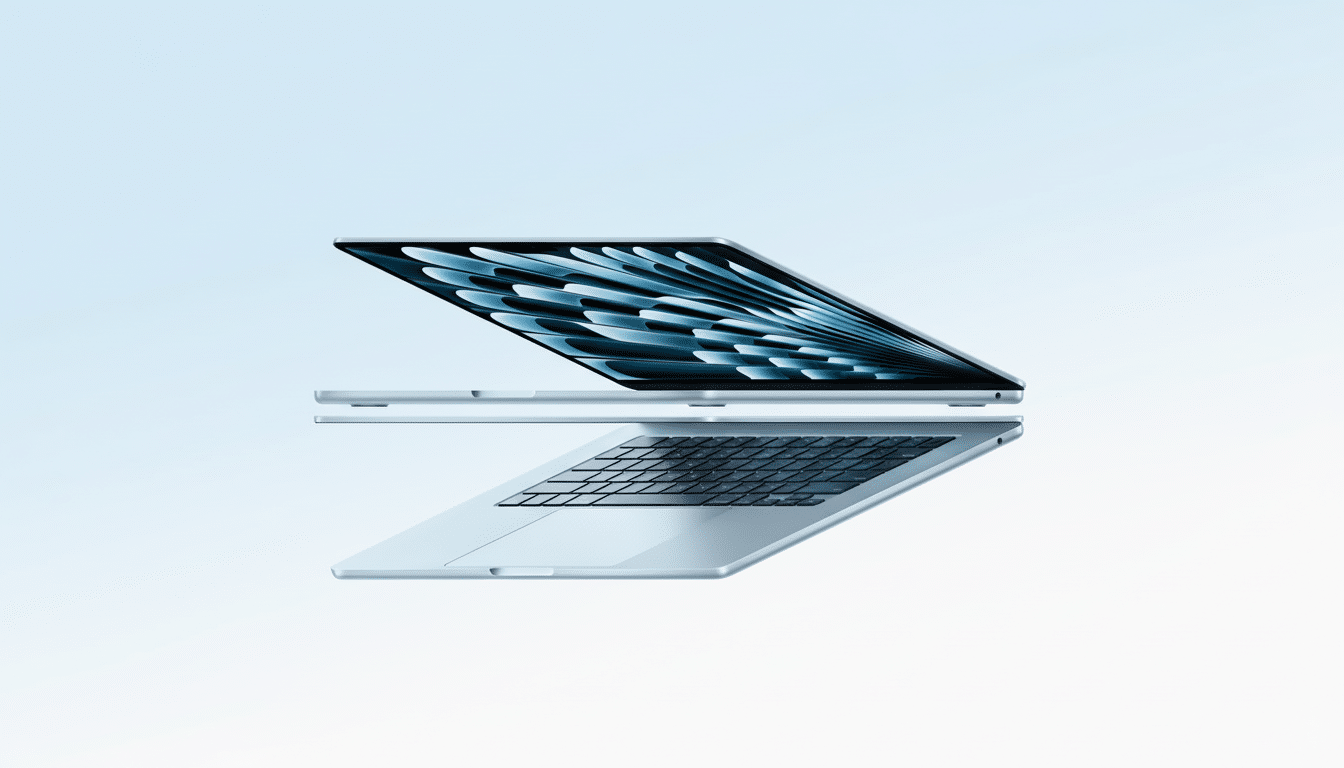 A light blue laptop with a dark keyboard and a screen displaying a blue and white abstract pattern, set against a light blue gradient background.