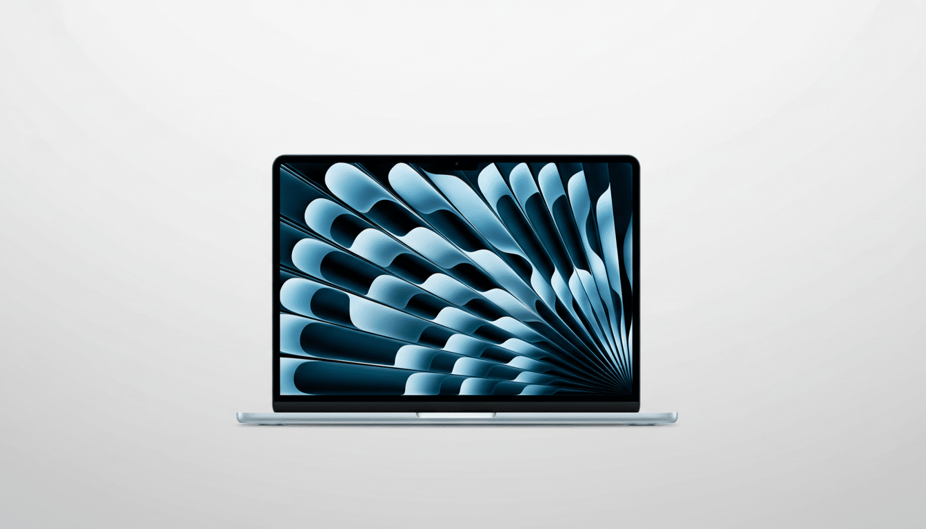 A light blue laptop with a screen displaying a blue and black abstract fan-like pattern, set against a professional light gray gradient background.