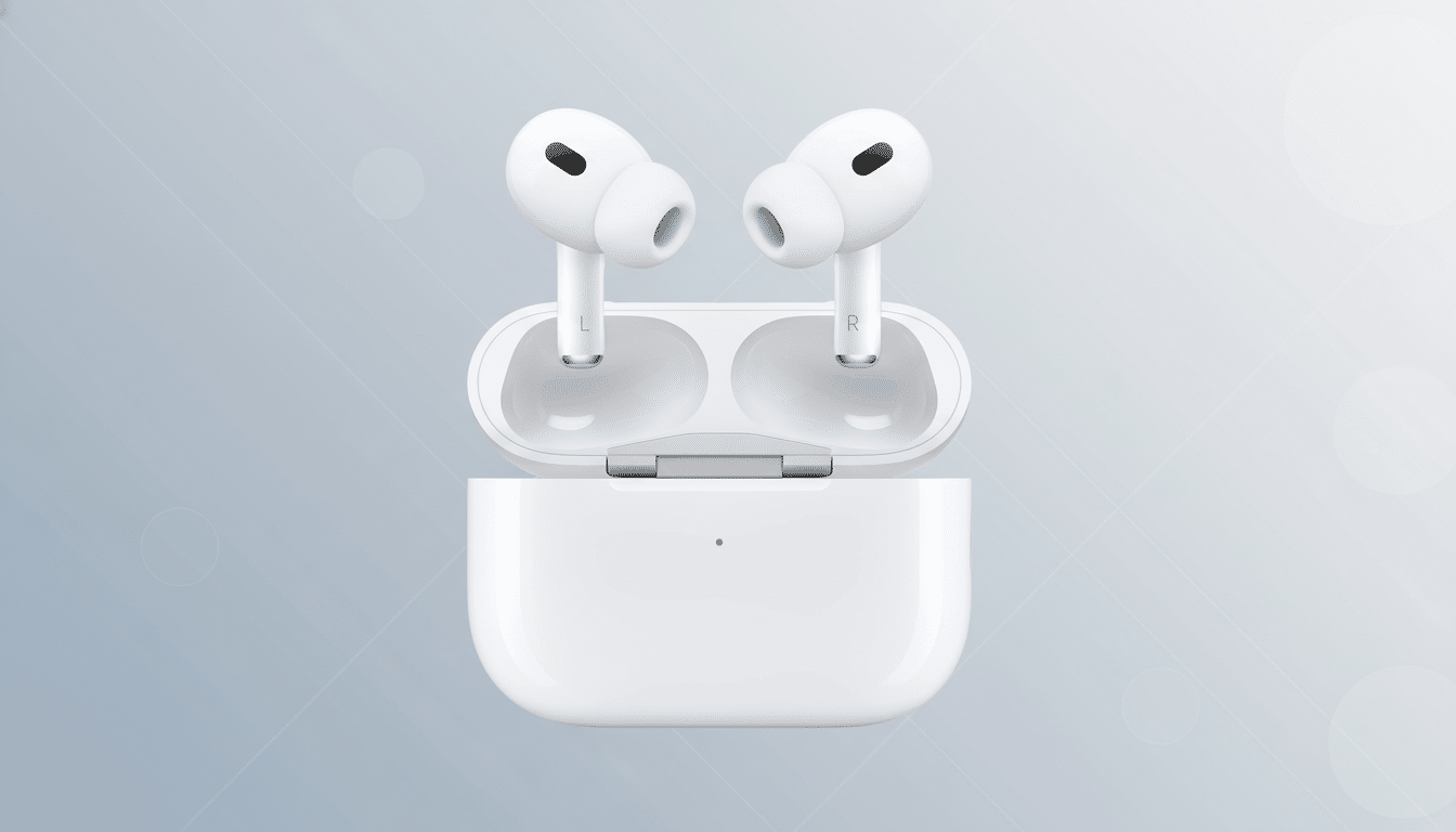 A pair of white wireless earbuds resting in their open charging case, presented on a professional flat design background with soft gradients and subtle patterns.