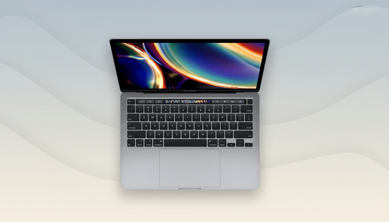 A top-down view of a silver MacBook Pro with its screen displaying a colorful abstract wallpaper, set against a professional flat design background with soft patterns and gradients.