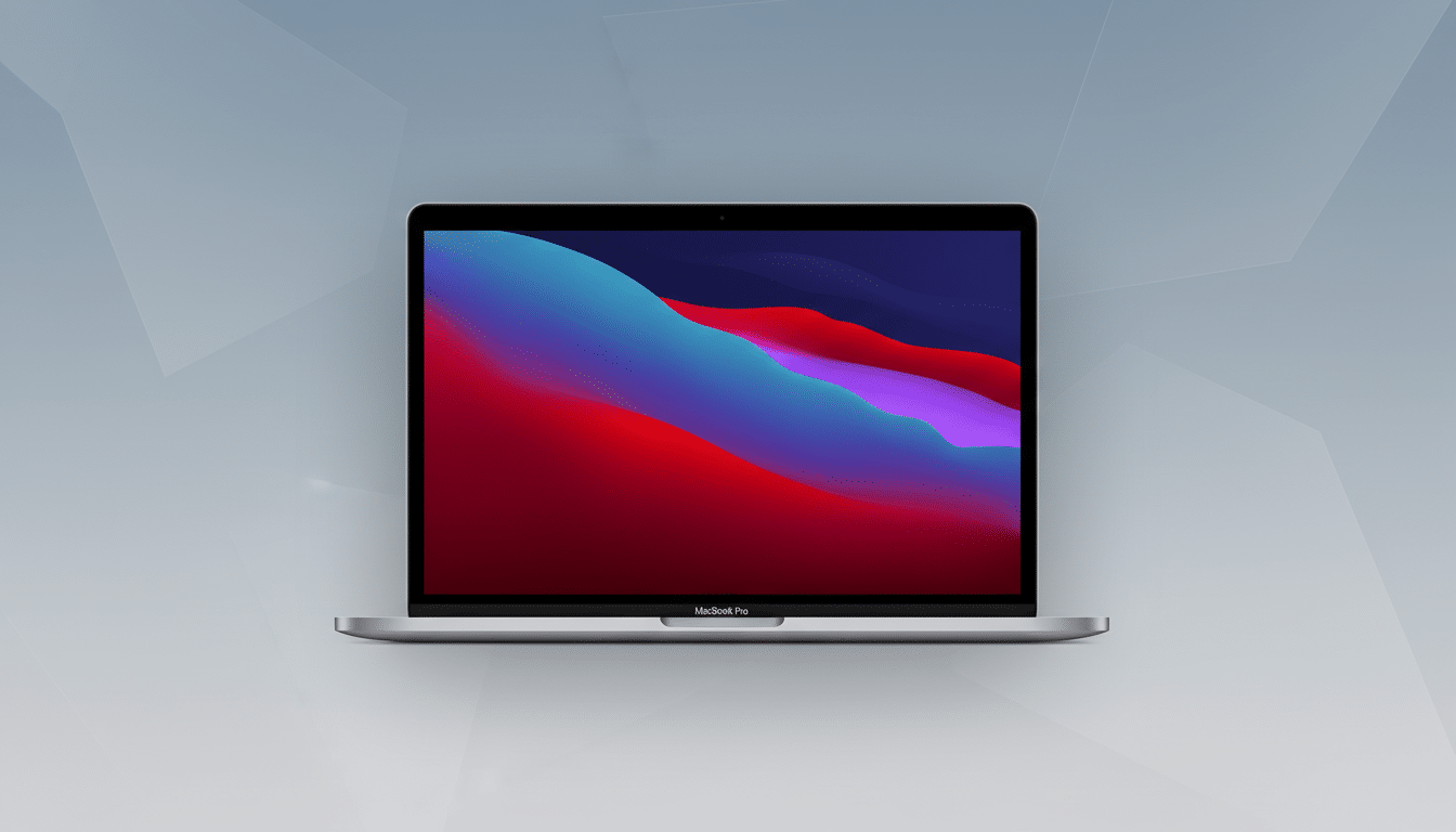 A silver MacBook Pro with a colorful abstract wallpaper on its screen, presented on a professional flat design background with soft gray geometric patterns.