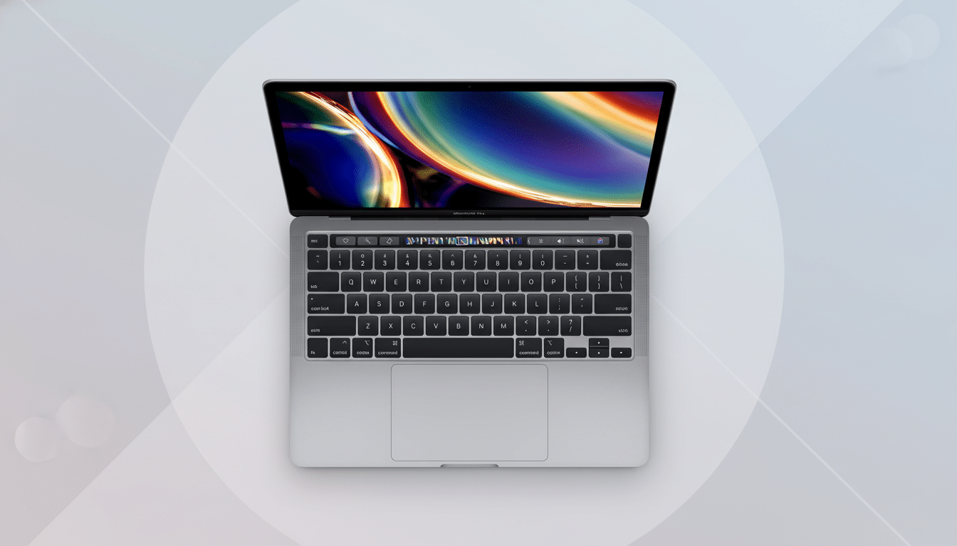 A silver MacBook Pro with its screen open, displaying a colorful abstract wallpaper, set against a professional flat design background with soft patterns and gradients.