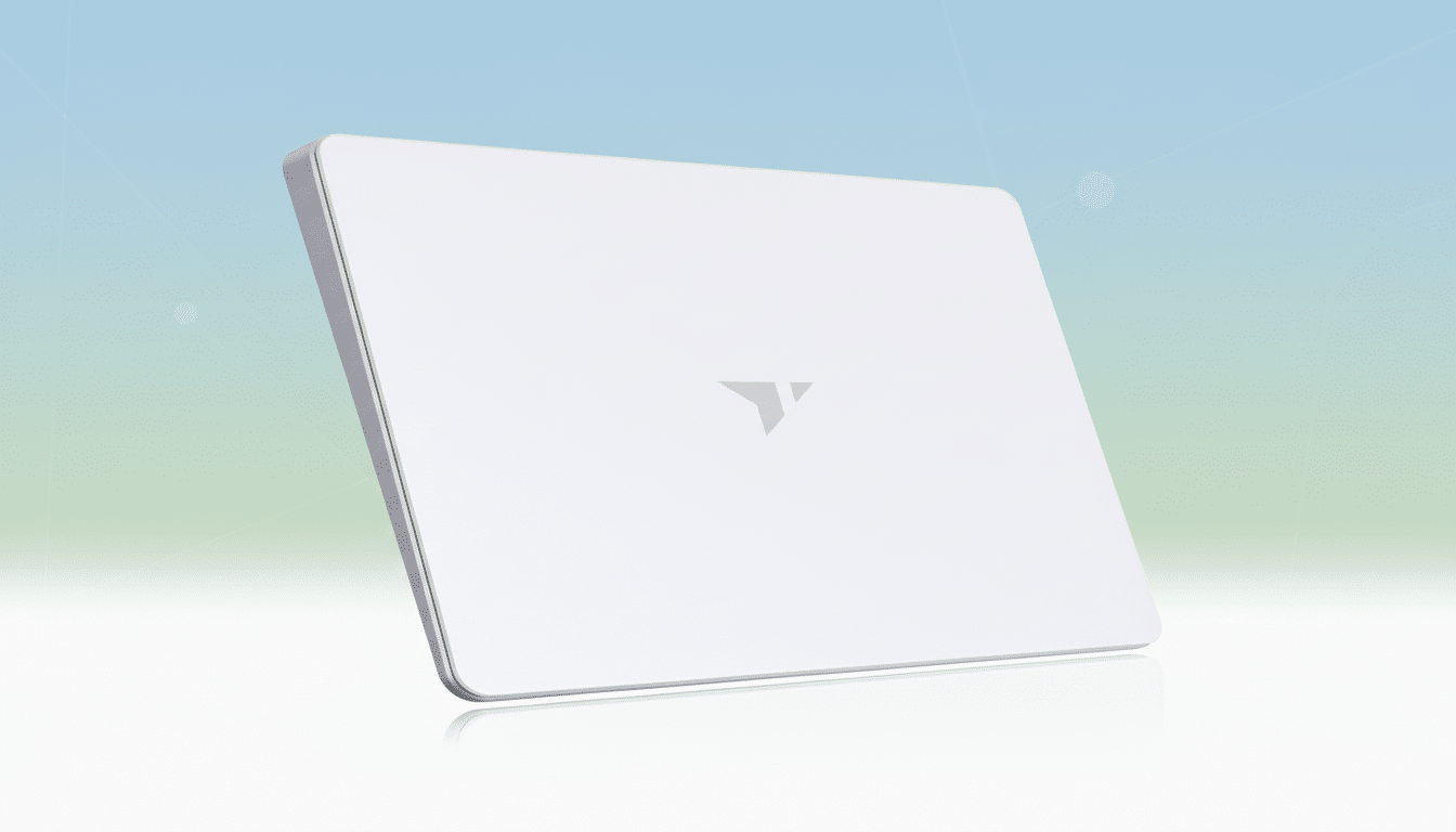 A white rectangular device with a subtle grey logo in the center, presented on a professional flat design background with soft blue and green gradients and subtle patterns.