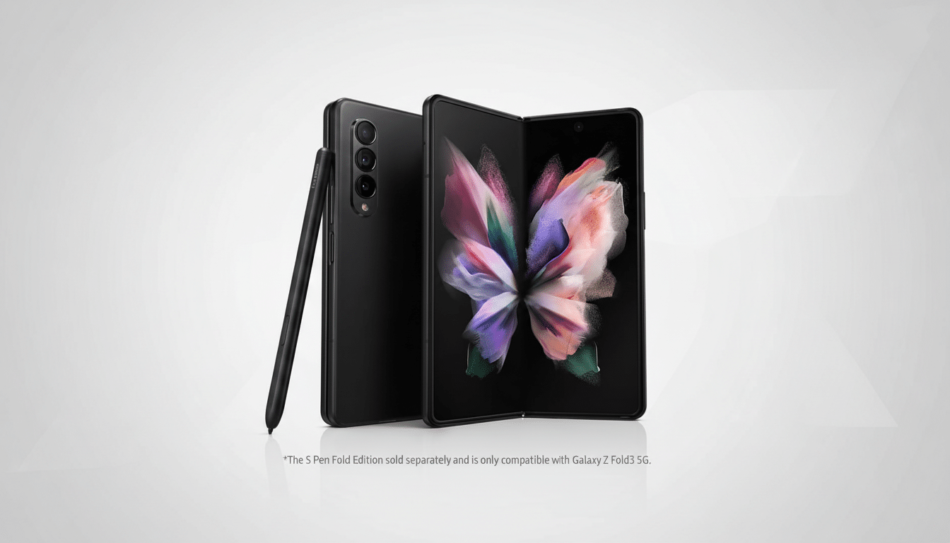 A black Samsung Galaxy Z Fold3 5G smartphone, with an S Pen Fold Edition, displayed against a clean, professional light gray background. The phone is shown both closed and open, revealing a colorful butterfly-like image on its inner screen.