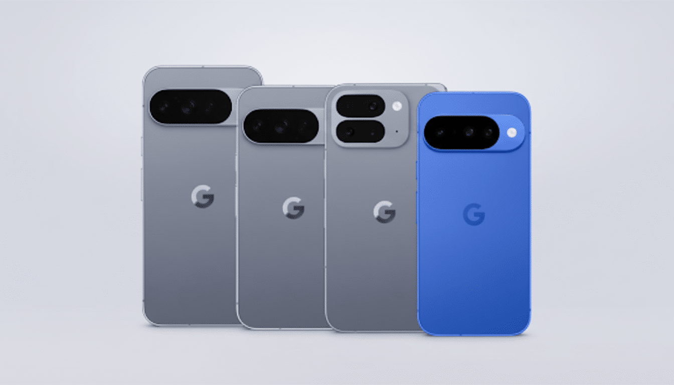 Four Google Pixel phones, three gray and one blue, are arranged in a row against a light gray background.