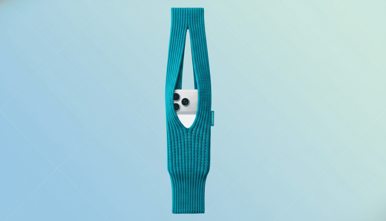 A white smartphone with three camera lenses is nestled in a teal knitted sleeve, presented on a professional flat design background with soft blue and purple gradients and subtle geometric patterns.