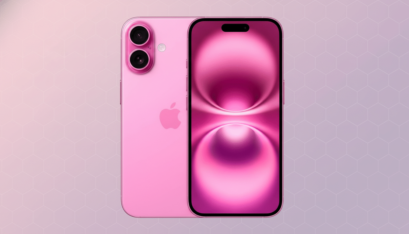 A pink smartphone with two cameras on the back and a screen displaying a pink abstract design, set against a light pink background with a subtle hexagonal pattern.