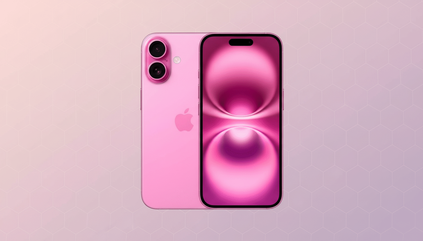 A pink iPhone 15, with its back and screen visible, set against a professional flat design background with soft, light pink hexagonal patterns and a subtle gradient.