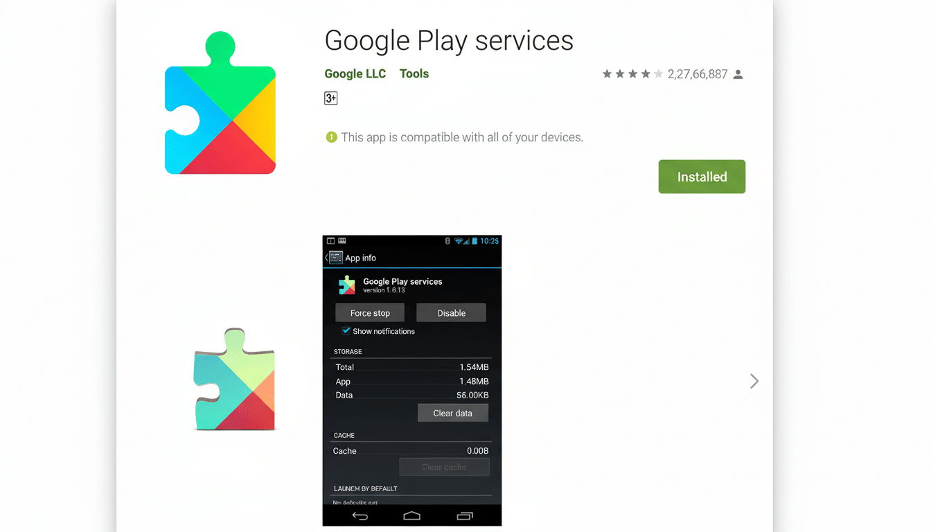 A screenshot of the Google Play services app page, showing the app icon, title, developer, rating, and an Installed button. Below, a smaller screenshot displays the apps information page with storage details.
