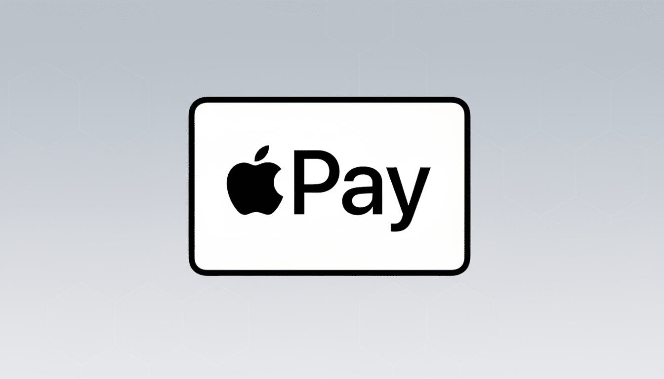 The Apple Pay logo, featuring a black Apple icon next to the word Pay in a rounded rectangular outline, set against a professional light gray background with subtle hexagonal patterns.