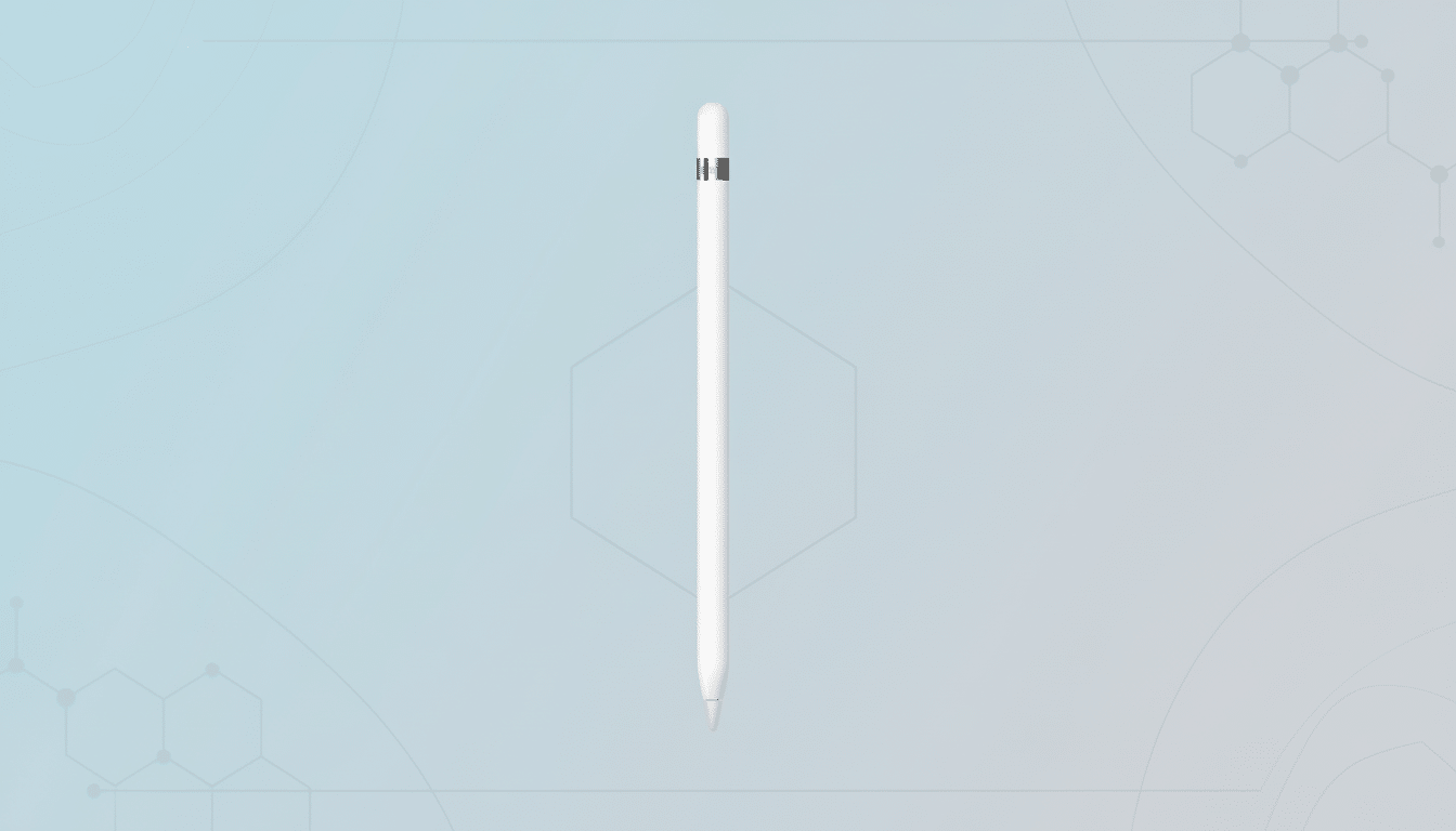 A white Apple Pencil centered on a light blue and gray gradient background with subtle hexagonal patterns.