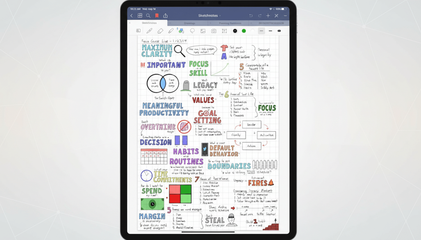 A tablet displaying a handwritten digital sketch note on productivity and goal setting, resized to a 16:9 aspect ratio with a professional flat design background.