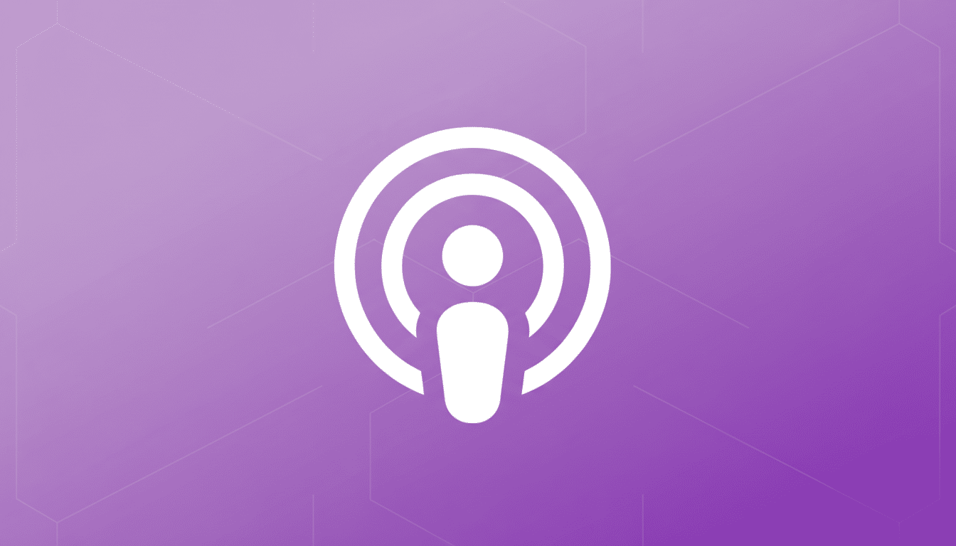 A white podcast icon on a purple background with a subtle geometric pattern.