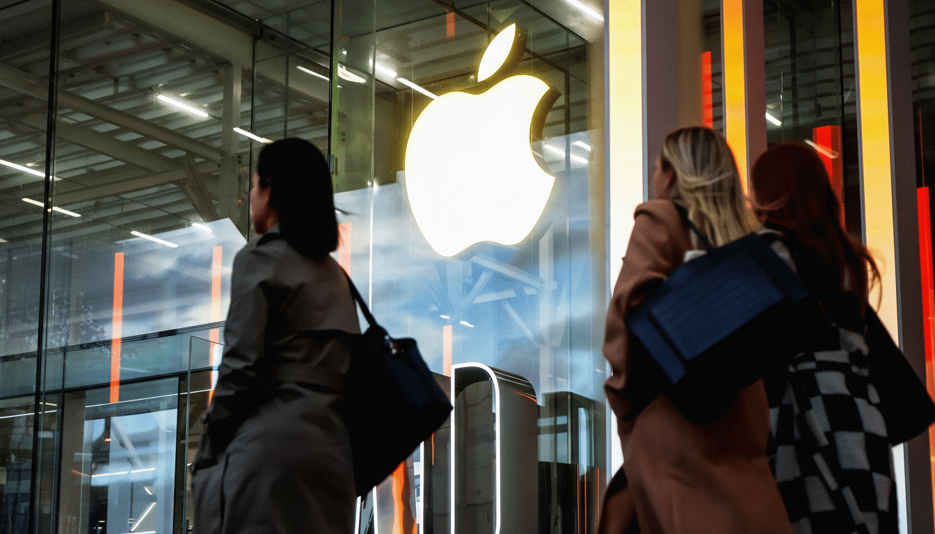 A 16:9 aspect ratio image of the Apple logo displayed on a glass building, with three people walking in the foreground.