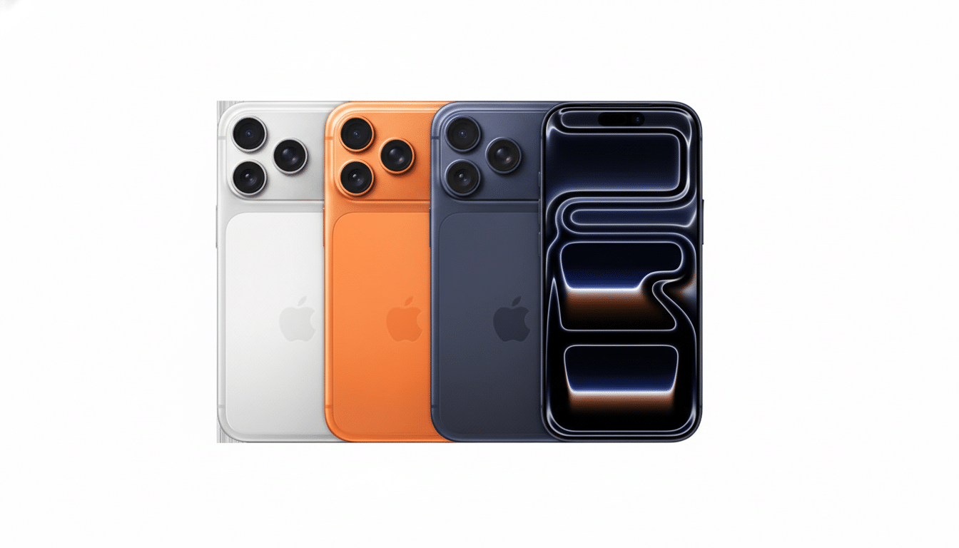 Four smartphones in white, orange, dark blue, and black, arranged in a row.
